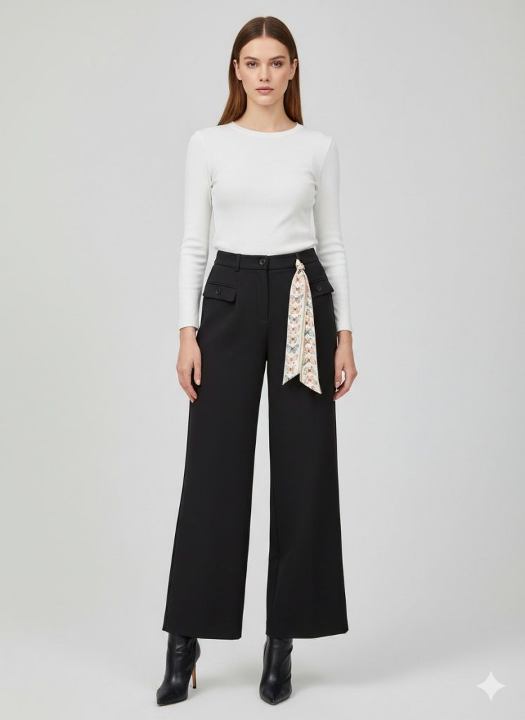 EKOL Fular Detaylı Pantolon 4008 - Siyah