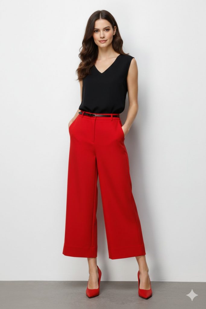 EKOL Kemer Detaylı Kadın Pantolon 4012 - KIRMIZI
