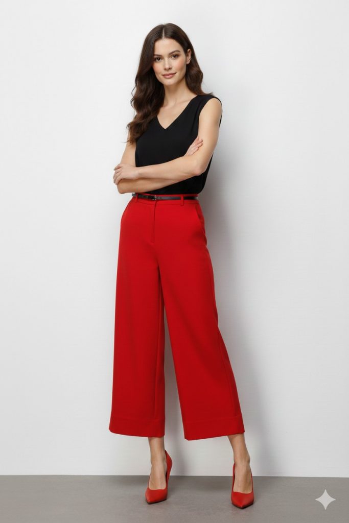 EKOL Kemer Detaylı Kadın Pantolon 4012 - KIRMIZI