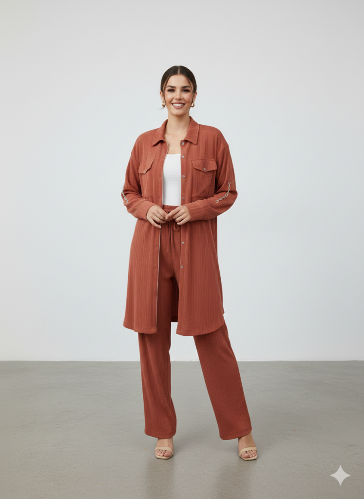 KAYRA Kolu Zincir Detaylı Pantolonlu Takım  76012 - KİREMİT