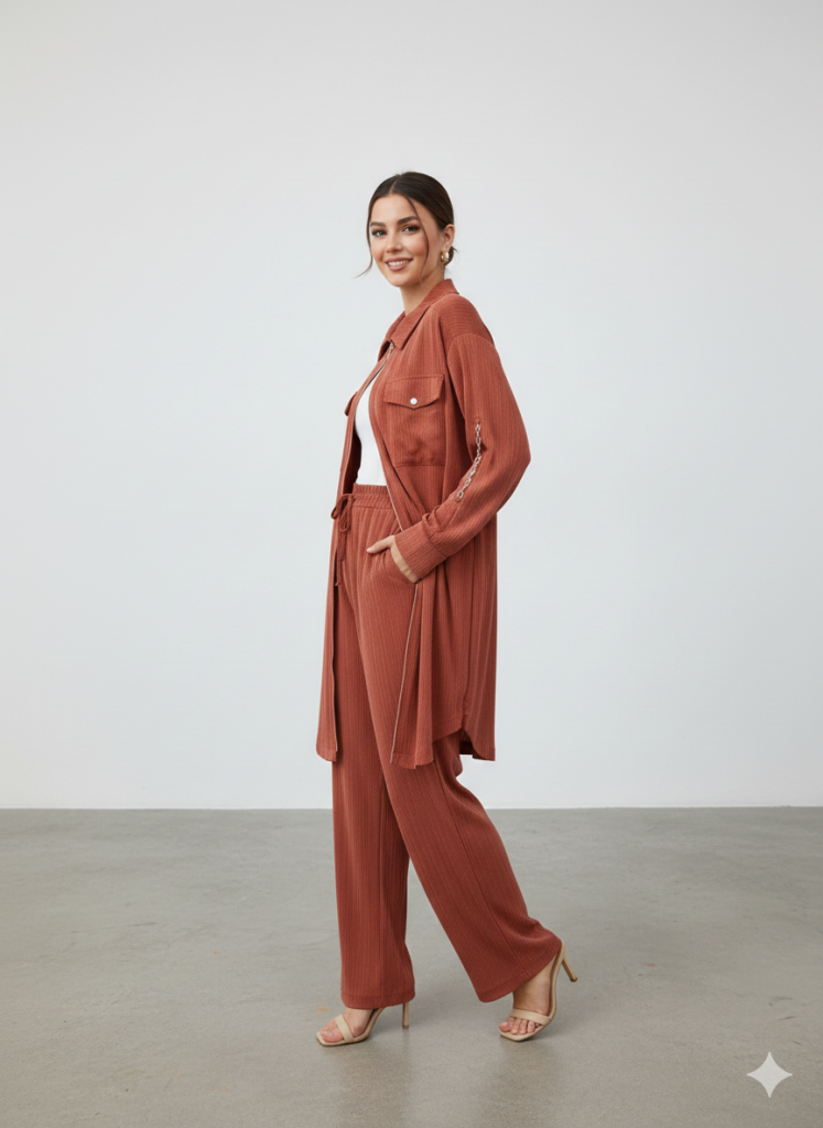 KAYRA Kolu Zincir Detaylı Pantolonlu Takım  76012 - KİREMİT