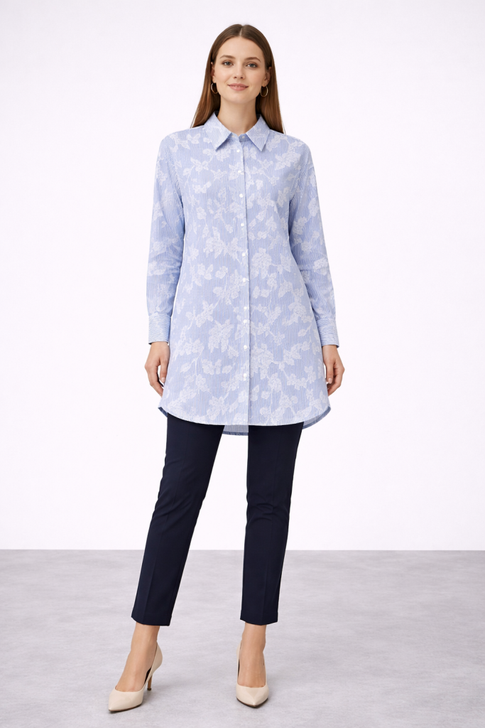 KAYRA Yaprak İşlemeli Tunik 21042 - MAVİ