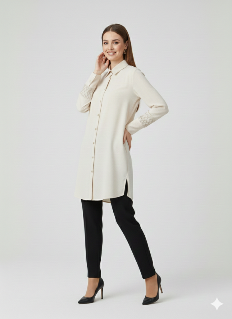 KAYRA Kolları İşleme Detaylı Tunik 81011 - KREM