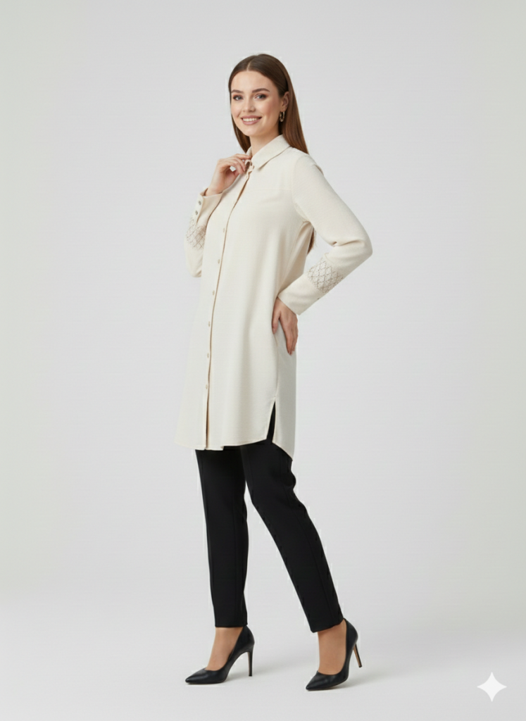 KAYRA Kolları İşleme Detaylı Tunik 81011 - KREM