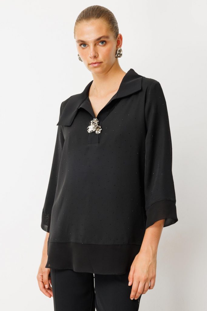 MODAİLGİ Takma Kol Geniş Yaka Broş Detaylı Bluz 10002