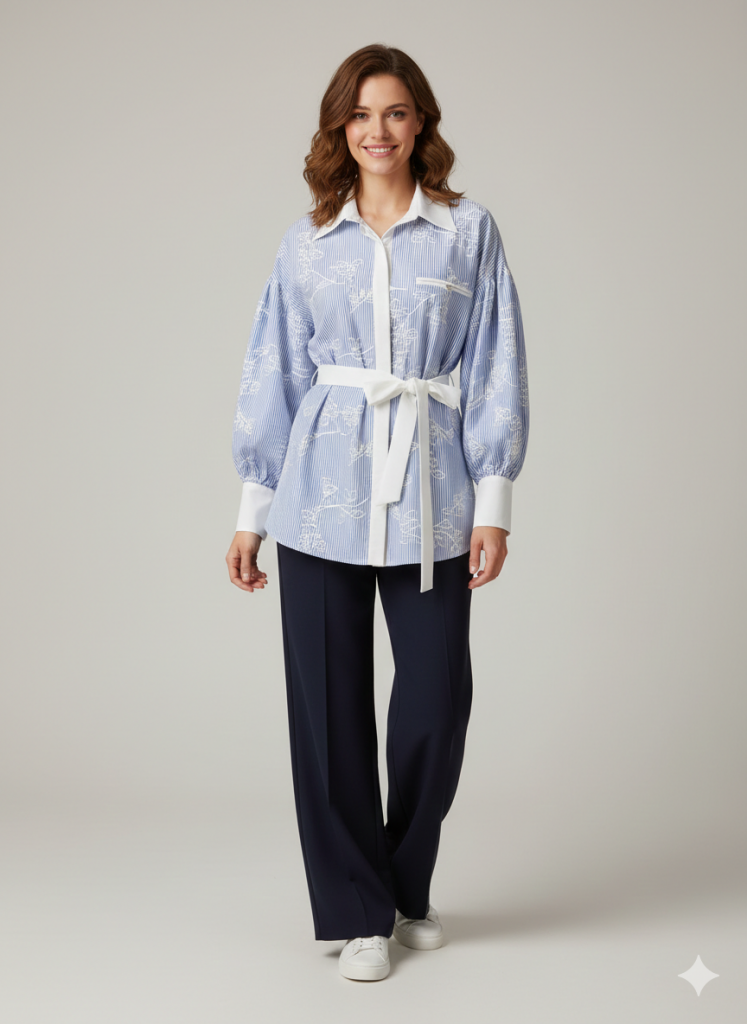 MY312 Beli Kuşaklı Balon Kol Gömlek 8813