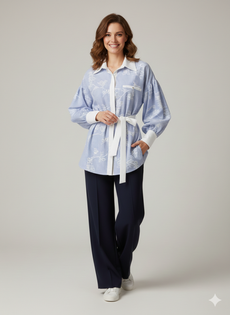 MY312 Beli Kuşaklı Balon Kol Gömlek 8813