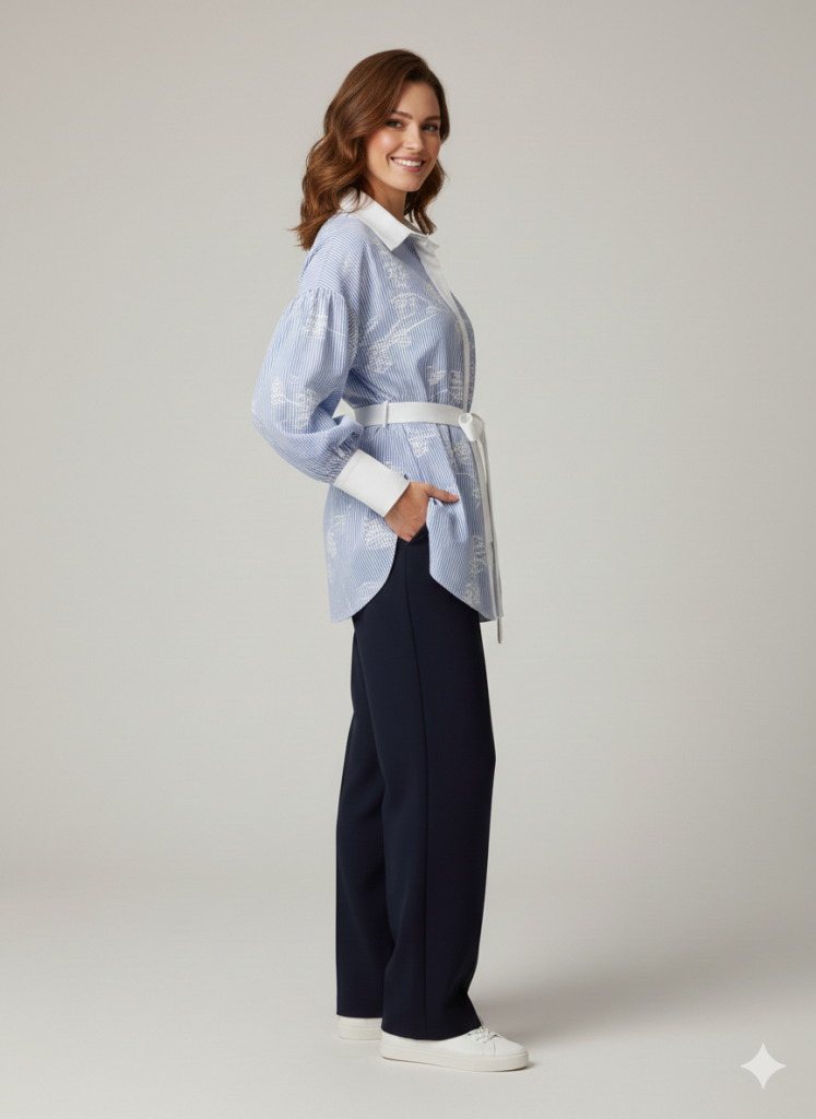 MY312 Beli Kuşaklı Balon Kol Gömlek 8813