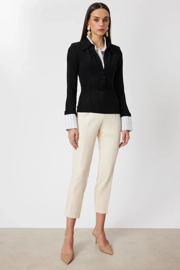 ON TRİKO İçi Gömlekli Simli Kumaş Bluz 70364