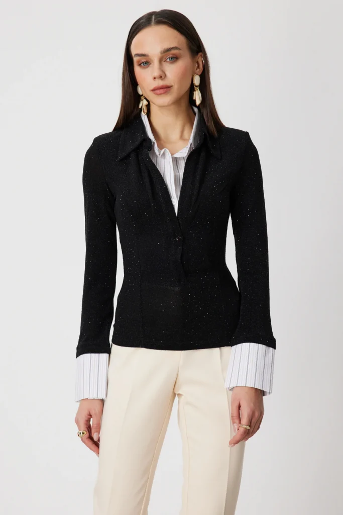 ON TRİKO İçi Gömlekli Simli Kumaş Bluz 70364