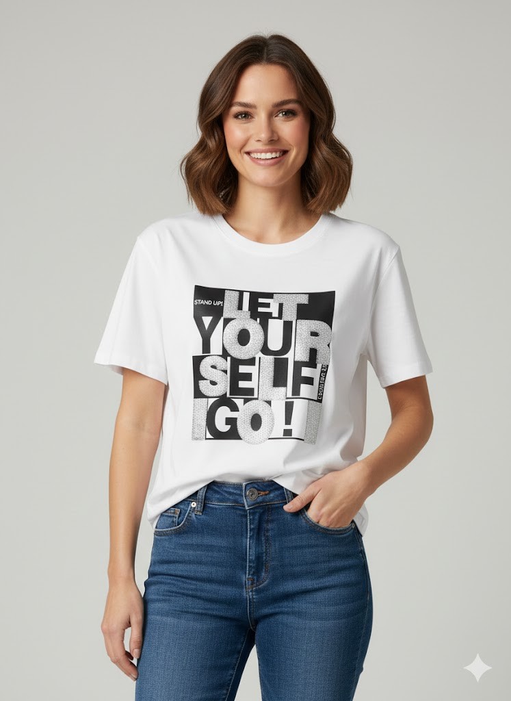 ON TRİKO Pul İşlemeli T-shirt 70416 - Beyaz