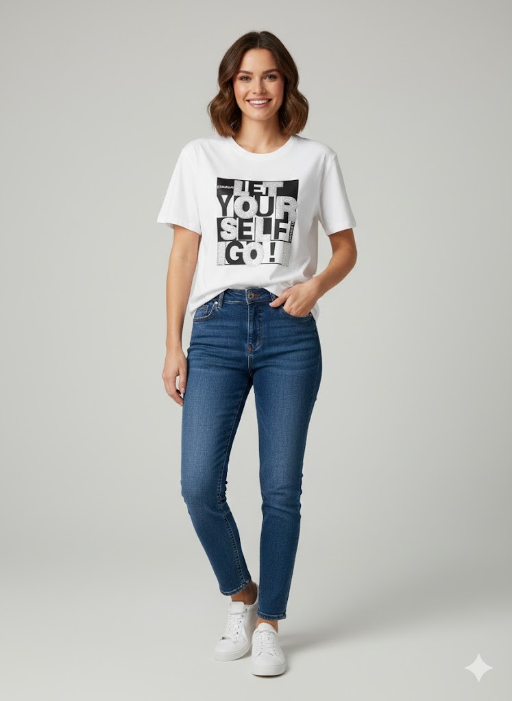 ON TRİKO Pul İşlemeli T-shirt 70416 - Beyaz