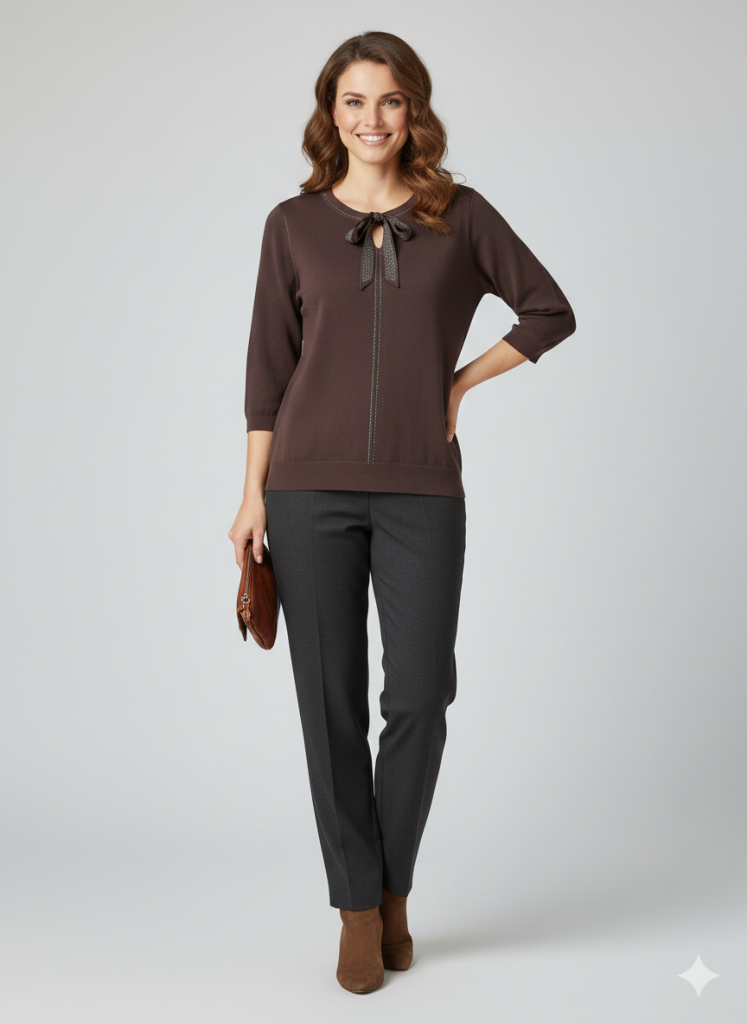 ON TRİKO Önü Kurdela Detaylı Triko Bluz 70423 - kahve