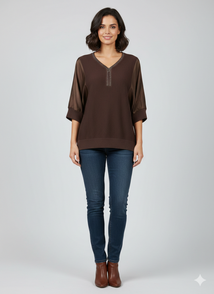 ON TRİKO Yakası Taşlı Bluz 70437 - kahve