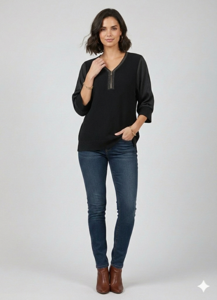 ON TRİKO Yakası Taşlı Bluz 70437 - Siyah