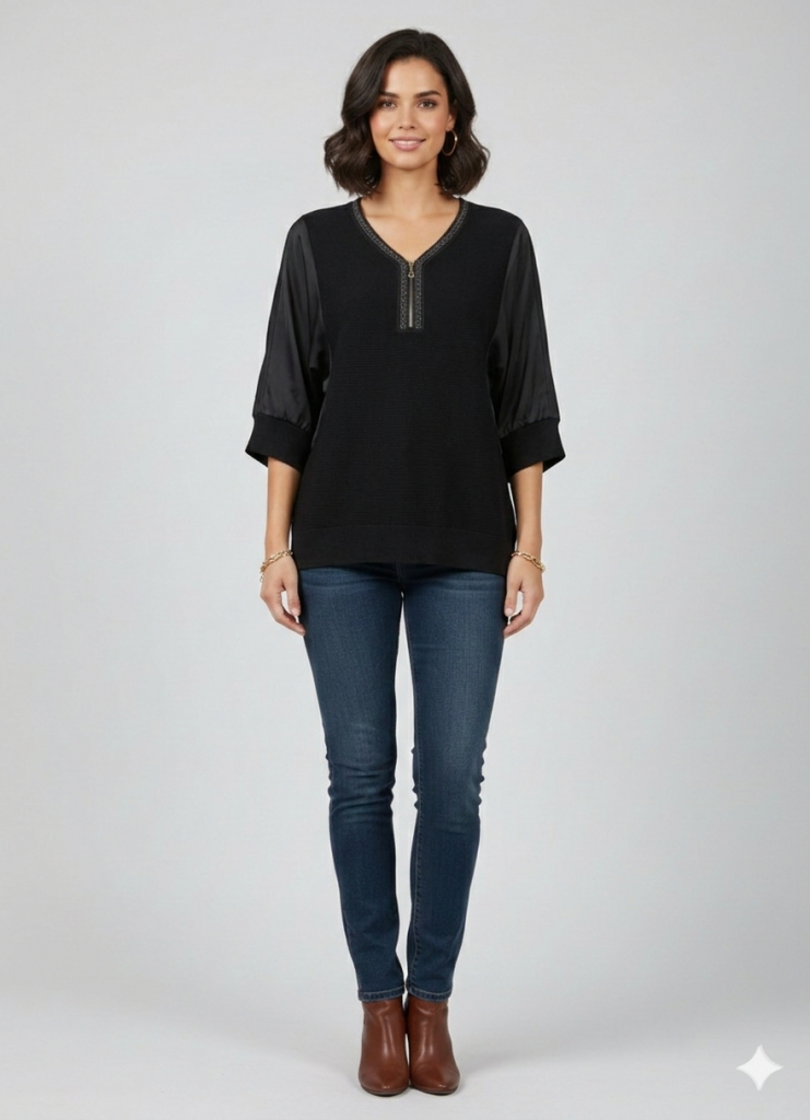 ON TRİKO Yakası Taşlı Bluz 70437 - Siyah