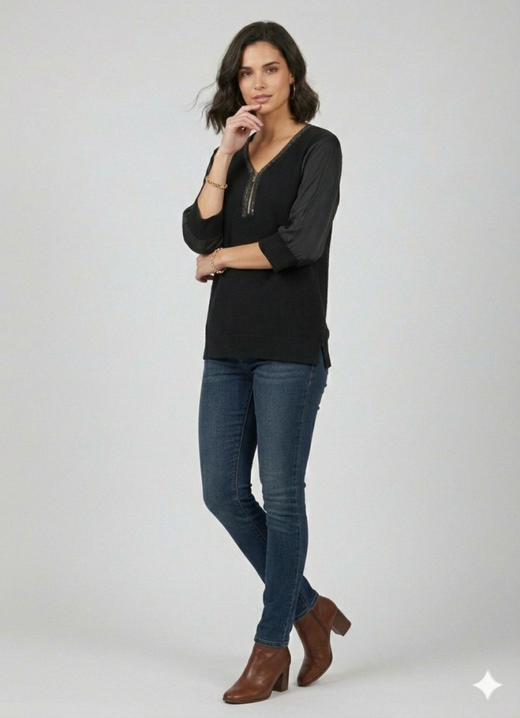 ON TRİKO Yakası Taşlı Bluz 70437 - Siyah