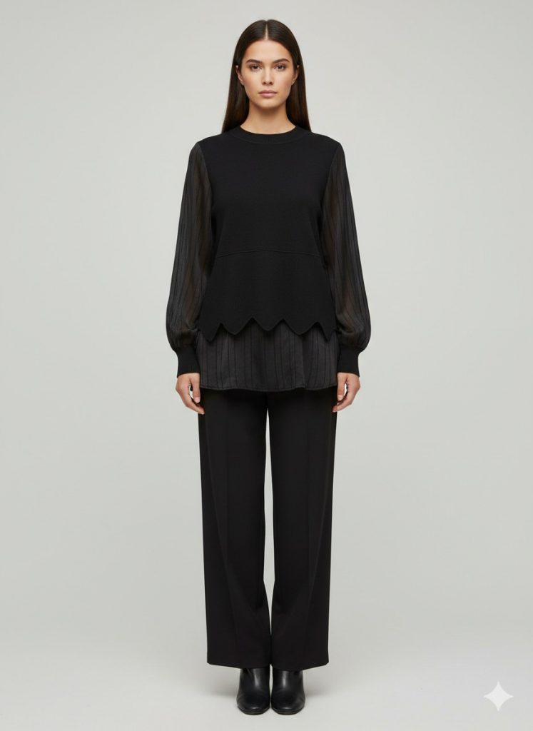 ON TRİKO Çizgi Detaylı Bluz 70480 - Siyah