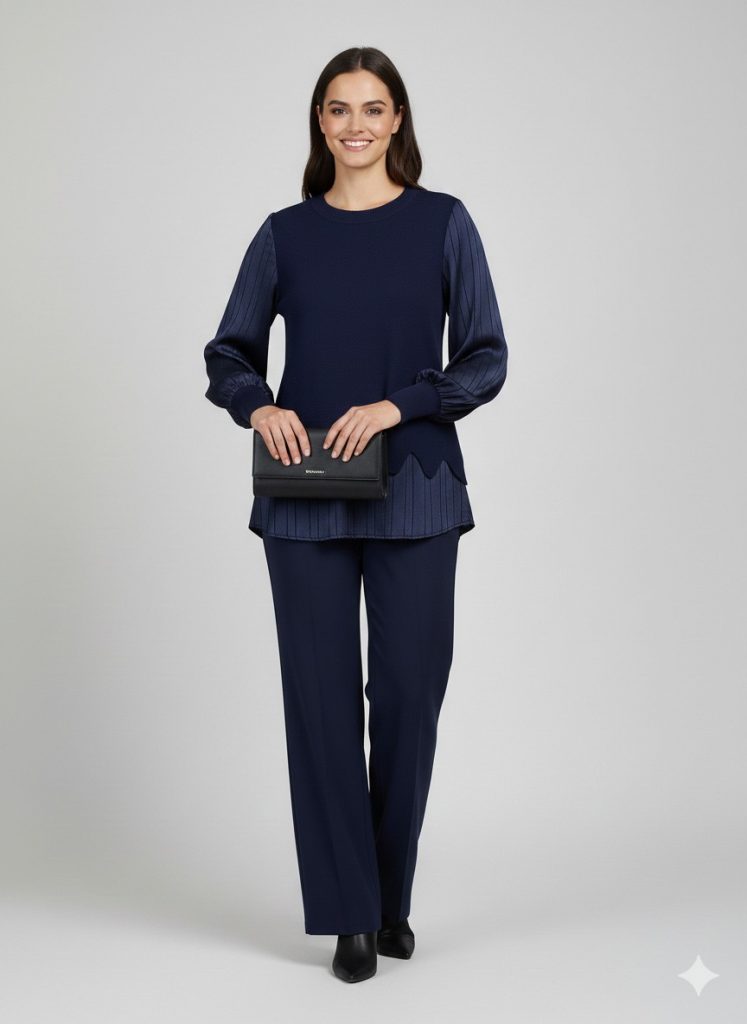 ON TRİKO Çizgi Detaylı Bluz 70480 - Lacivert