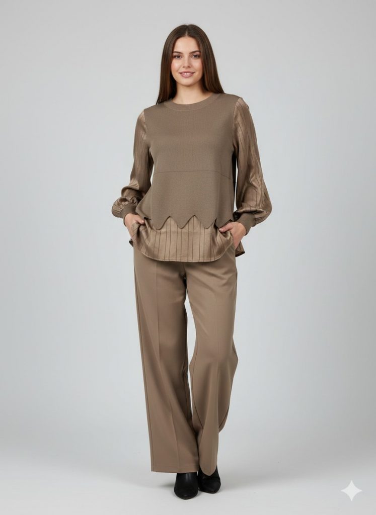 ON TRİKO Çizgi Detaylı Bluz 70480 - BEJ