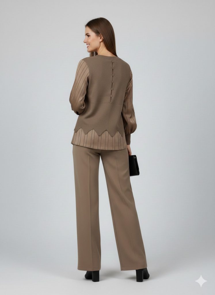 ON TRİKO Çizgi Detaylı Bluz 70480 - BEJ