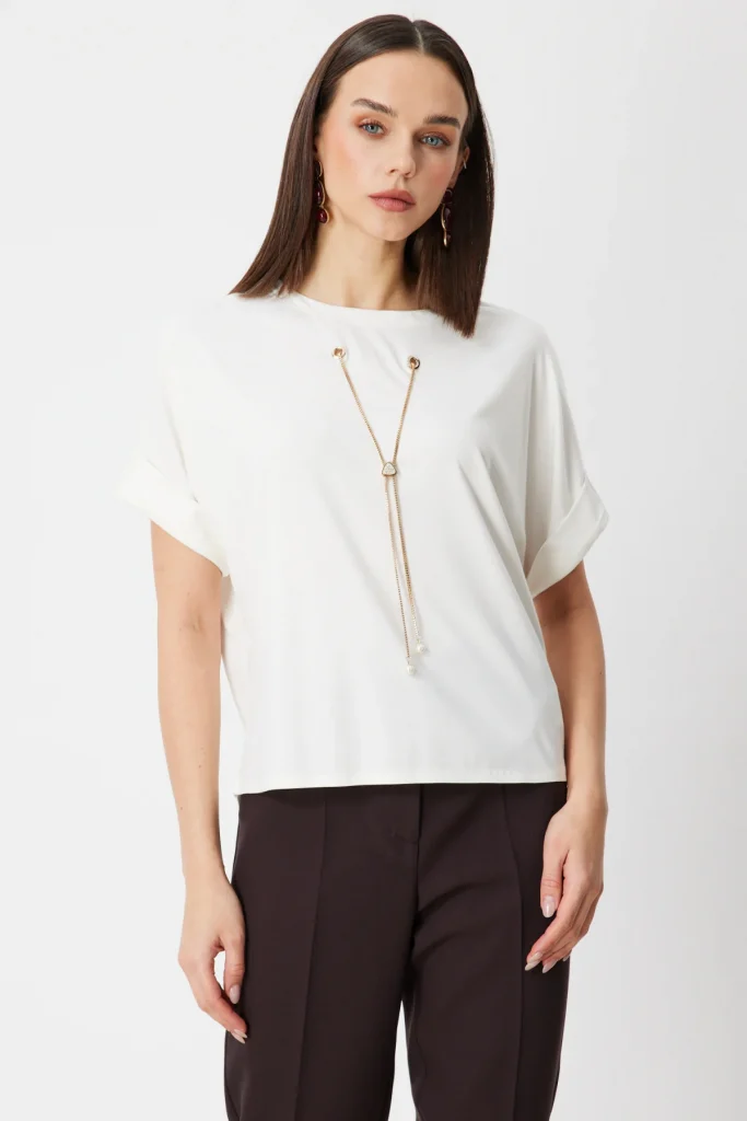 ON TRİKO Aksesuarlı Sıfır Yaka Bluz 71379 - EKRU