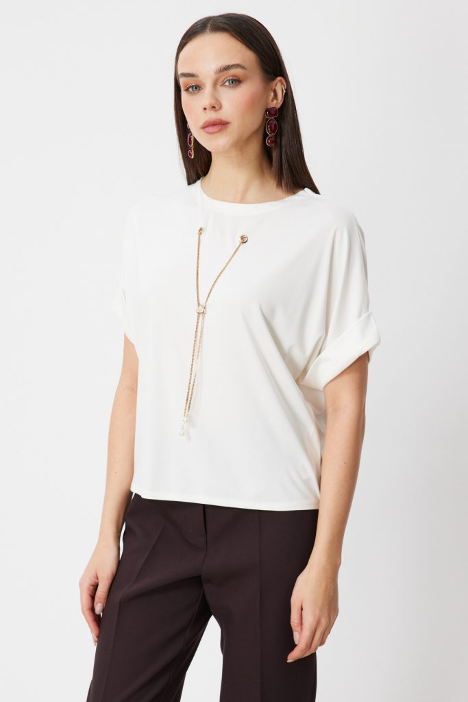 ON TRİKO Aksesuarlı Sıfır Yaka Bluz 71379 - EKRU
