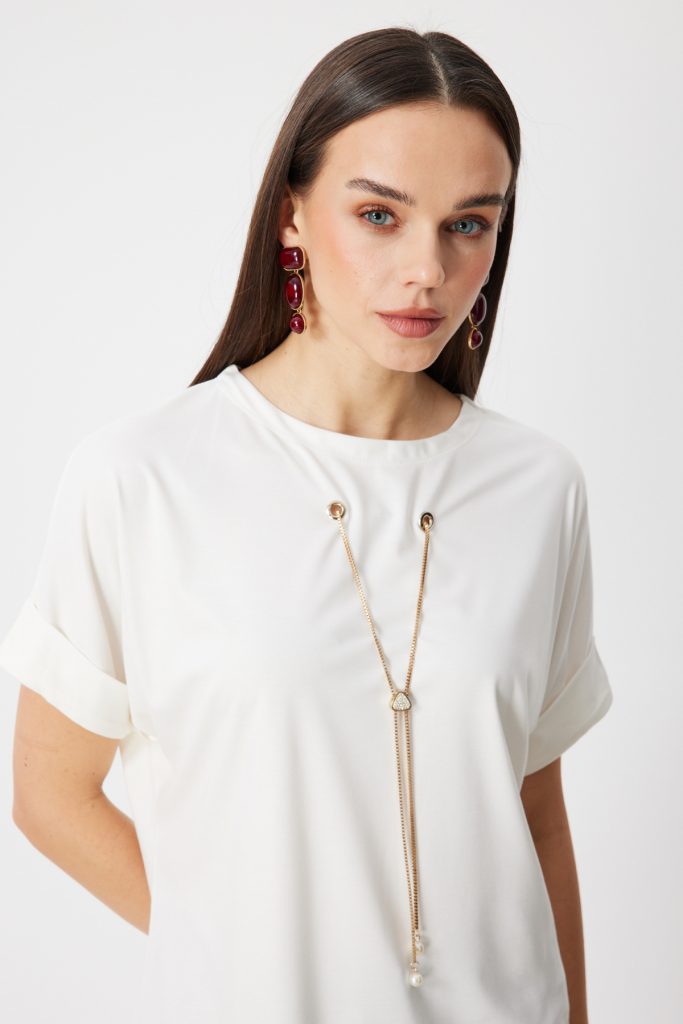 ON TRİKO Aksesuarlı Sıfır Yaka Bluz 71379 - EKRU