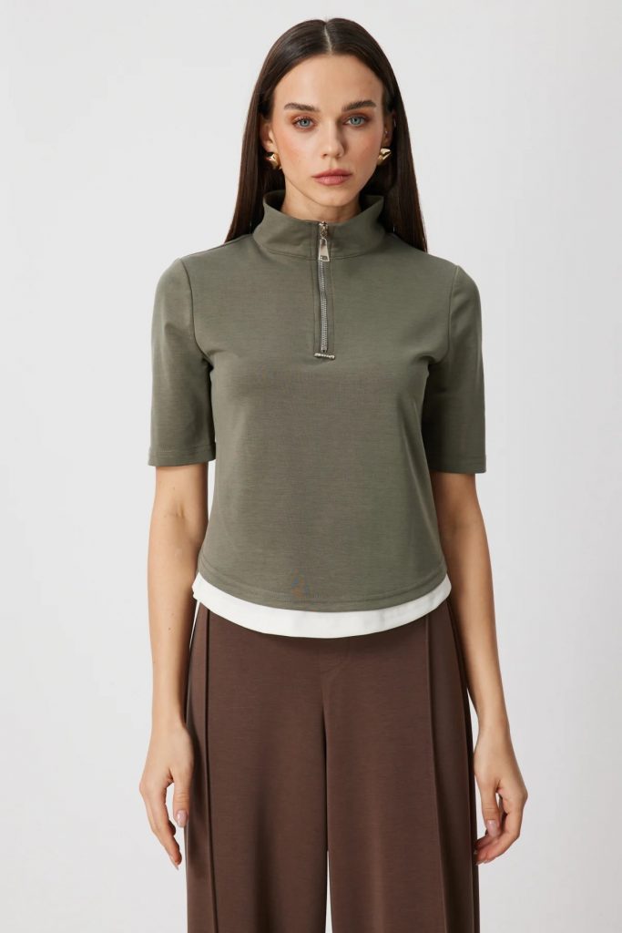 ON TRİKO Yakası Fermuarlı Kısa Kollu T-shirt 76305 - HAKİ