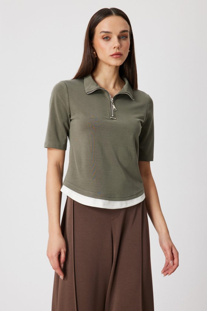 ON TRİKO Yakası Fermuarlı Kısa Kollu T-shirt 76305 - HAKİ