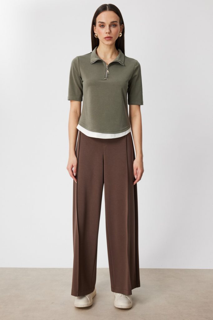 ON TRİKO Yakası Fermuarlı Kısa Kollu T-shirt 76305 - HAKİ