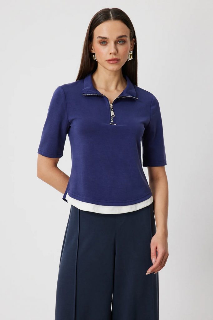 ON TRİKO Yakası Fermuarlı Kısa Kollu T-shirt 76305 - İNDİGO