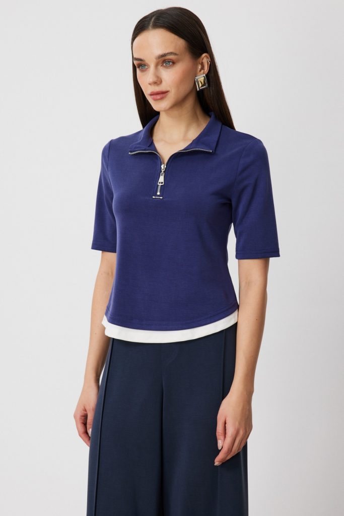 ON TRİKO Yakası Fermuarlı Kısa Kollu T-shirt 76305 - İNDİGO