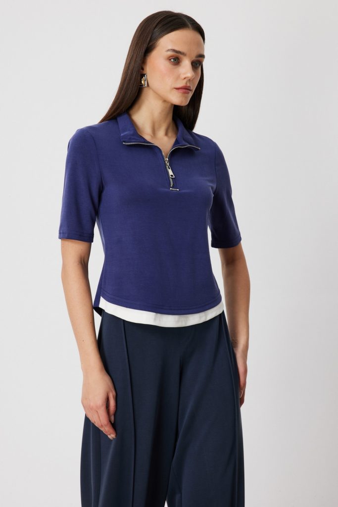 ON TRİKO Yakası Fermuarlı Kısa Kollu T-shirt 76305 - İNDİGO