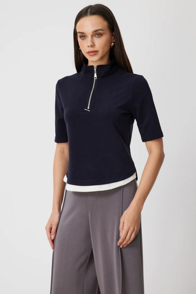 ON TRİKO Yakası Fermuarlı Kısa Kollu T-shirt 76305 - Lacivert