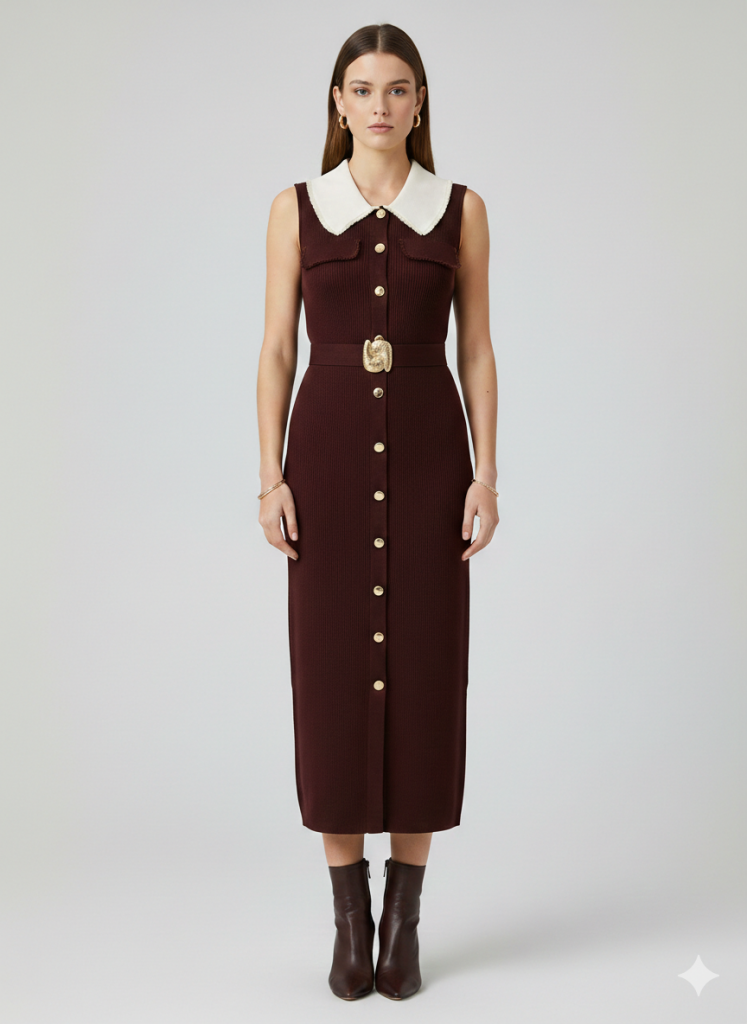 ON TRİKO Önlük Yaka Beli Kemerli Süs Düğmeli Elbise 70412 - kahve