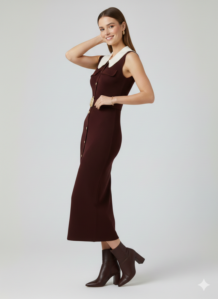 ON TRİKO Önlük Yaka Beli Kemerli Süs Düğmeli Elbise 70412 - kahve