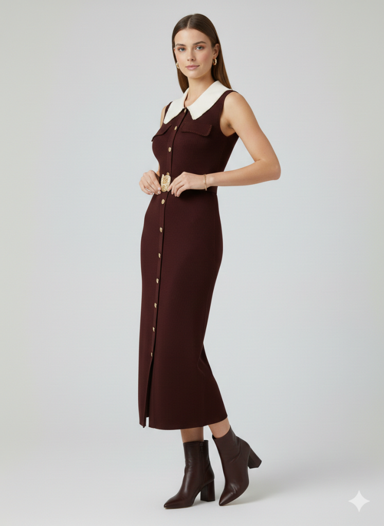 ON TRİKO Önlük Yaka Beli Kemerli Süs Düğmeli Elbise 70412 - kahve