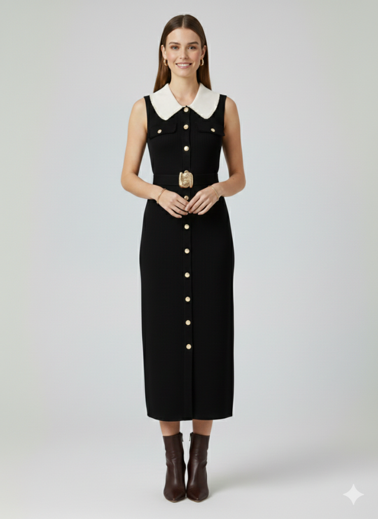 ON TRİKO Önlük Yaka Beli Kemerli Süs Düğmeli Elbise 70412 - Siyah