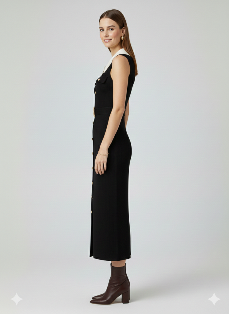 ON TRİKO Önlük Yaka Beli Kemerli Süs Düğmeli Elbise 70412 - Siyah