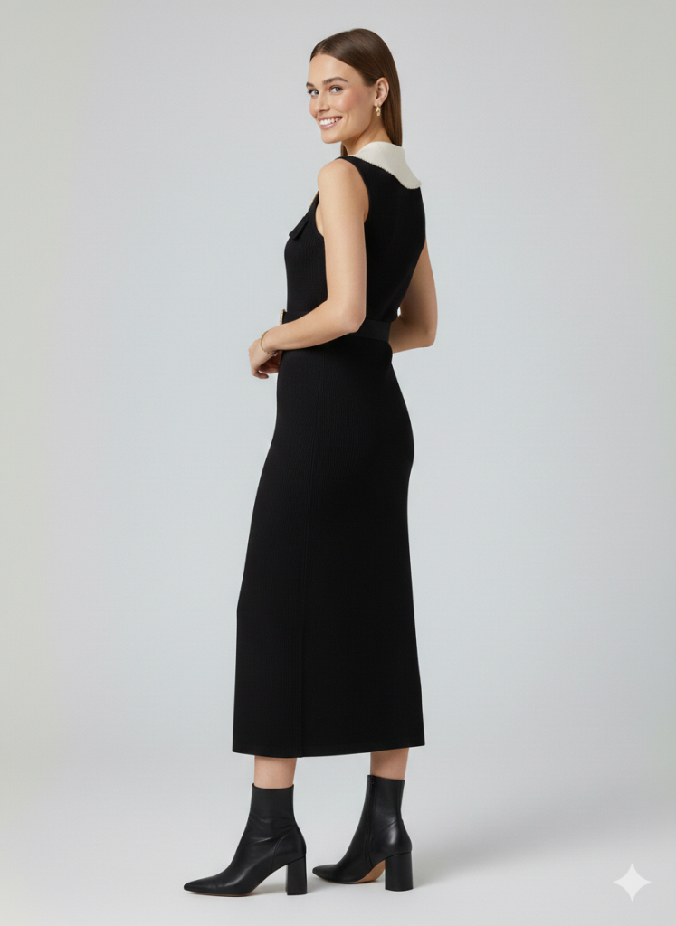 ON TRİKO Önlük Yaka Beli Kemerli Süs Düğmeli Elbise 70412 - Siyah