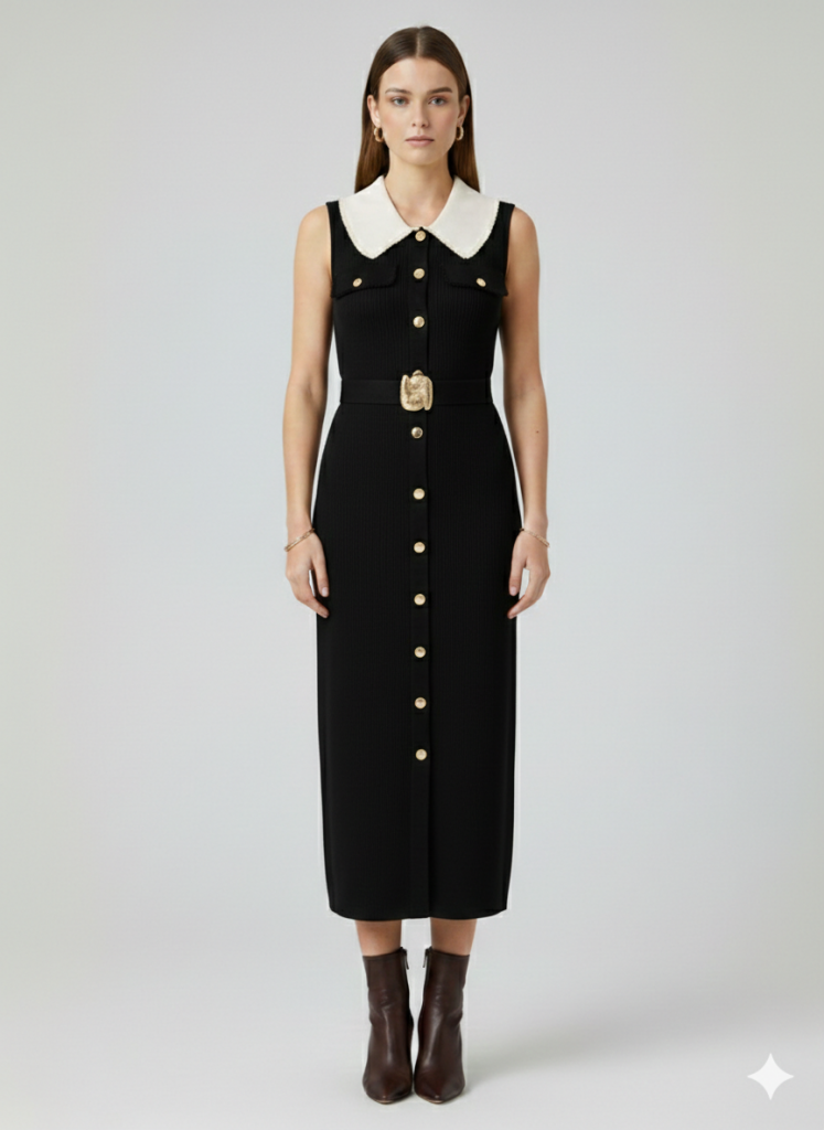 ON TRİKO Önlük Yaka Beli Kemerli Süs Düğmeli Elbise 70412 - Siyah