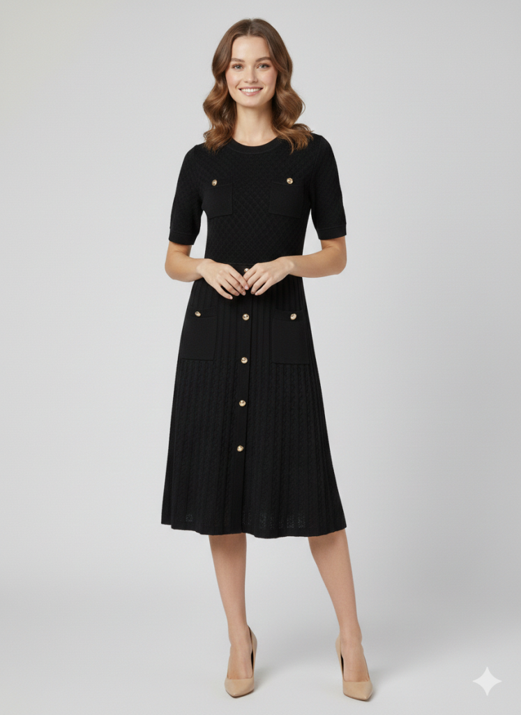 ON TRİKO Önü Süs Düğmeli Triko Elbise 70417 - Siyah