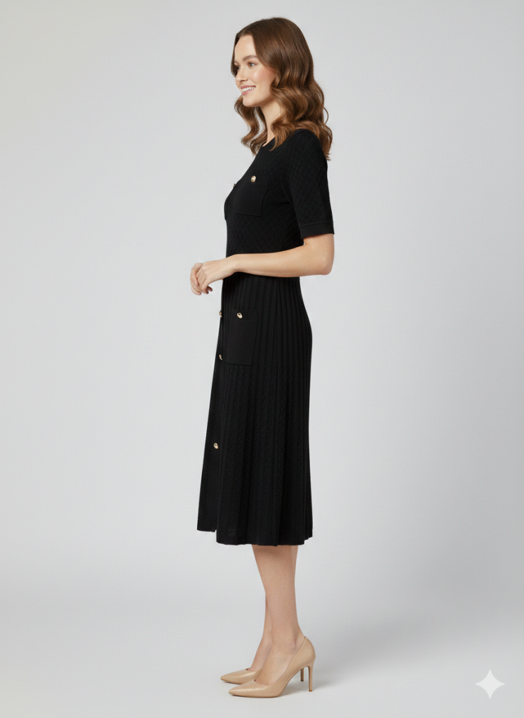 ON TRİKO Önü Süs Düğmeli Triko Elbise 70417 - Siyah