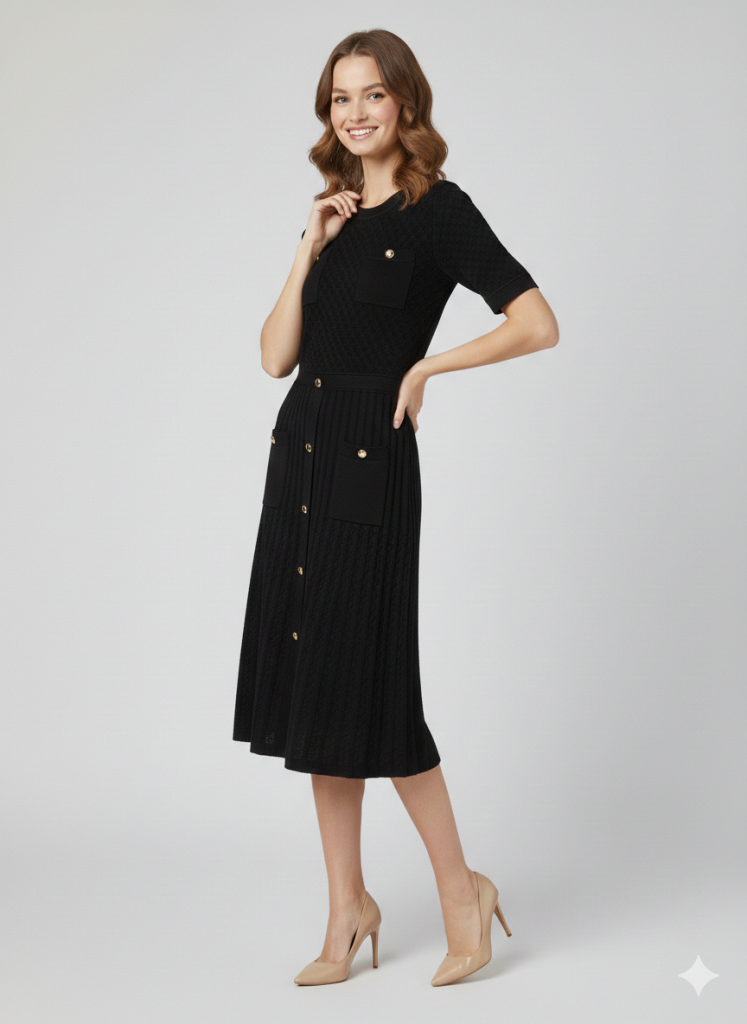 ON TRİKO Önü Süs Düğmeli Triko Elbise 70417 - Siyah