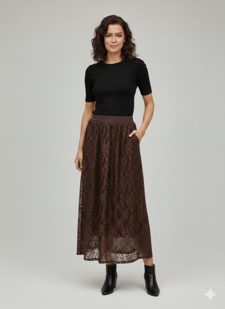ON TRİKO Midi Boy Etek Dantelli Etek 70220 - kahve