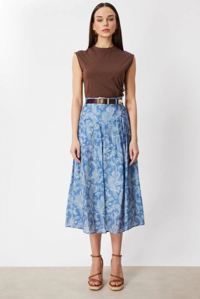 ON TRİKO Beli Kemerli Desenli Midi Etek  74210