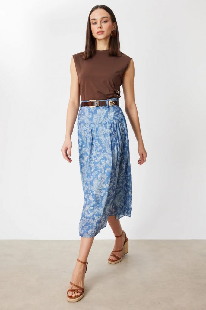 ON TRİKO Beli Kemerli Desenli Midi Etek  74210