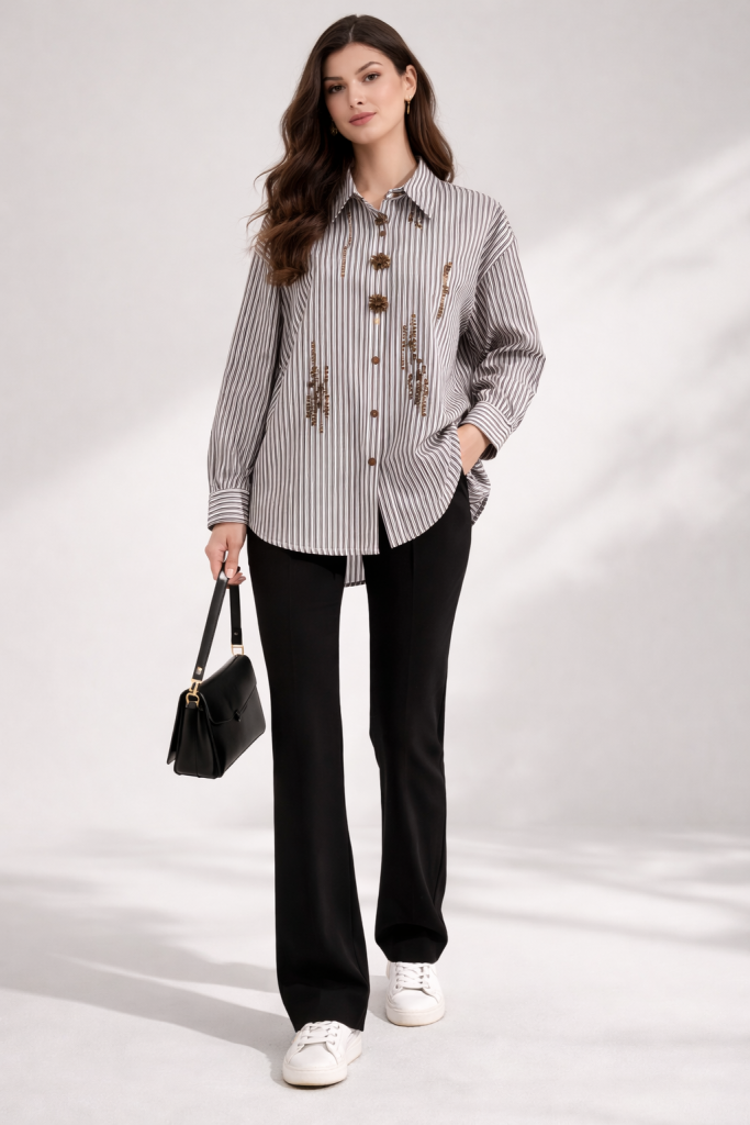 ON TRİKO Boncuk İşlemeli Gömlek 70409 - kahve