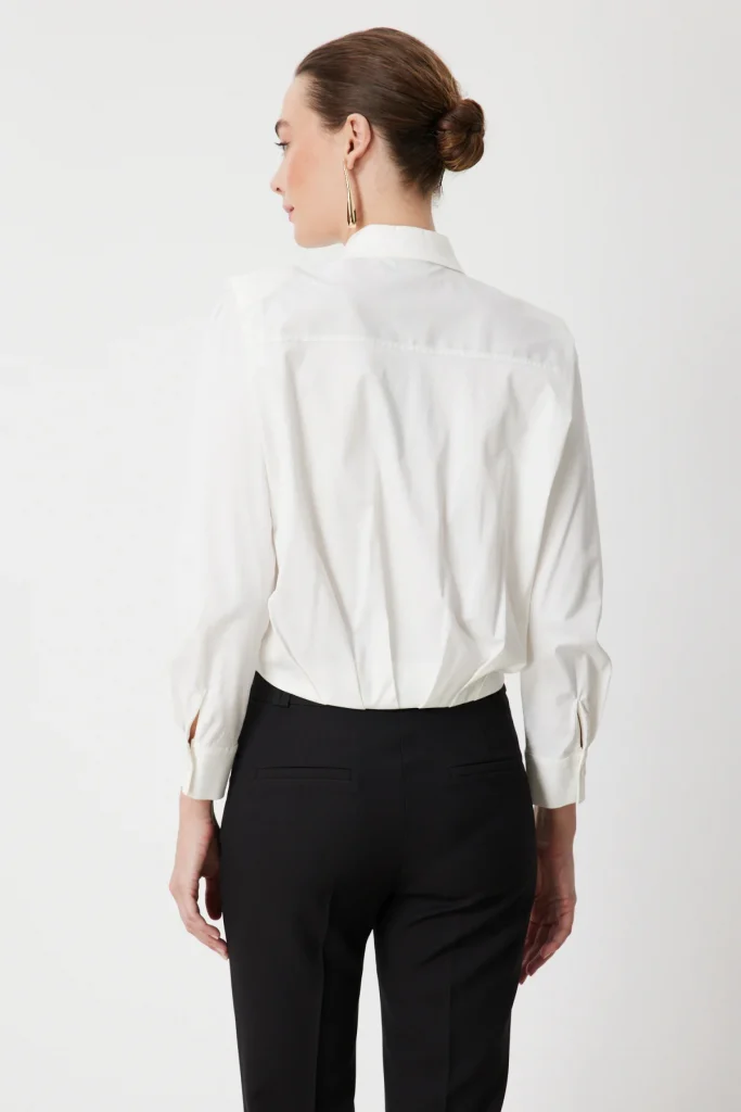 ON TRİKO Vatkalı Beli Pileli Pamuk Gömlek 72303 - Beyaz